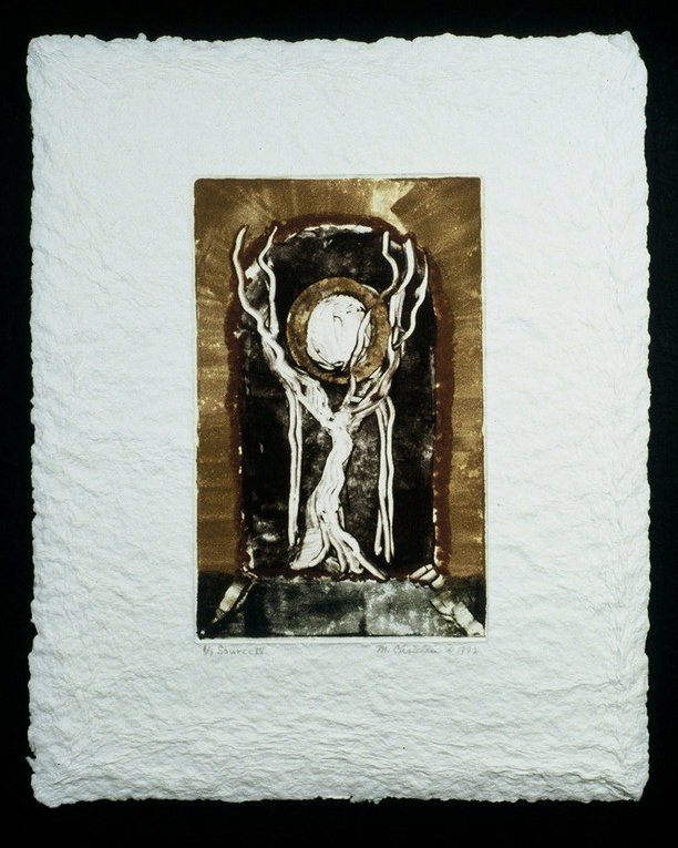A monotype, with light shining out of the middle of a dark area